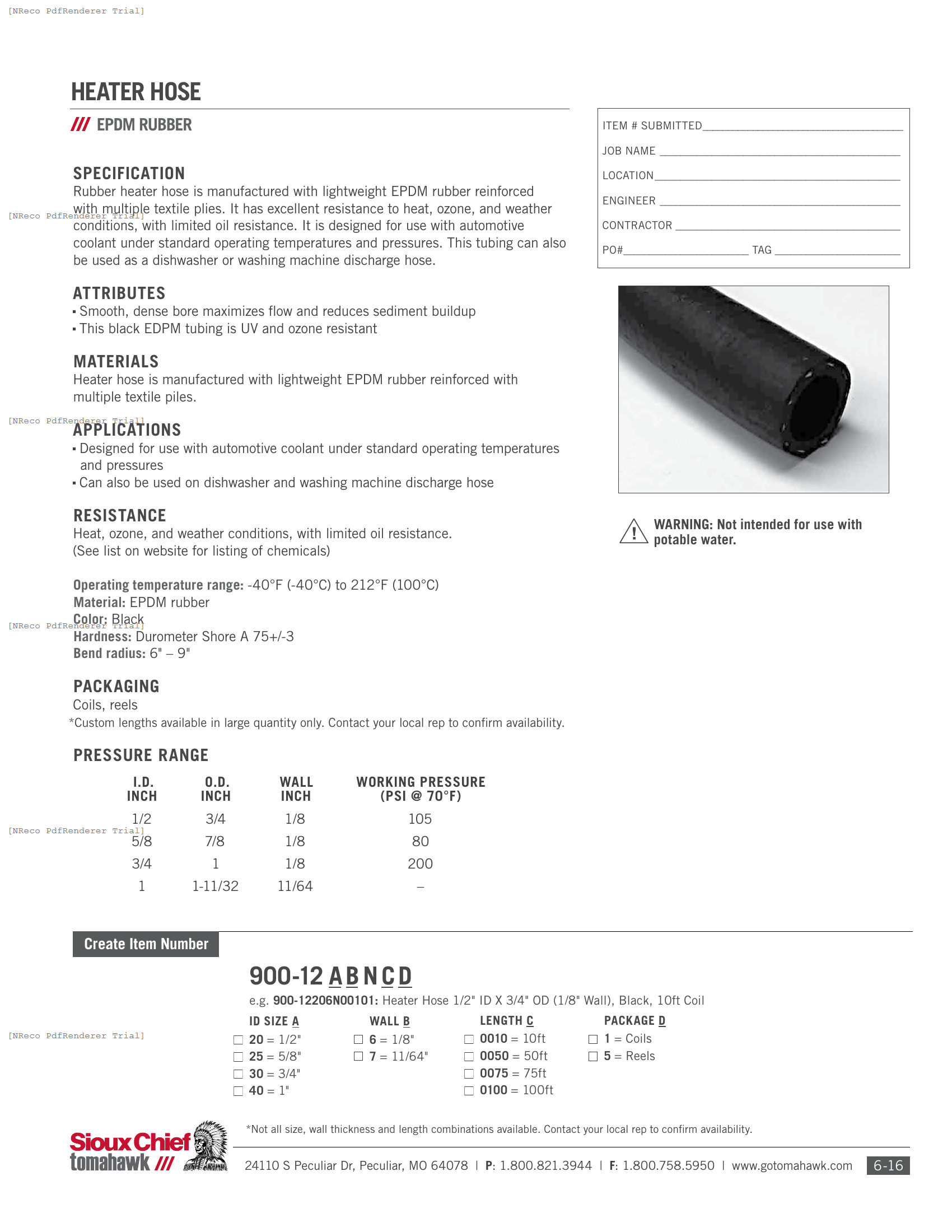 900-12 SERIES - HEATER HOSE - SPEC SHEET.PDF Specification Document